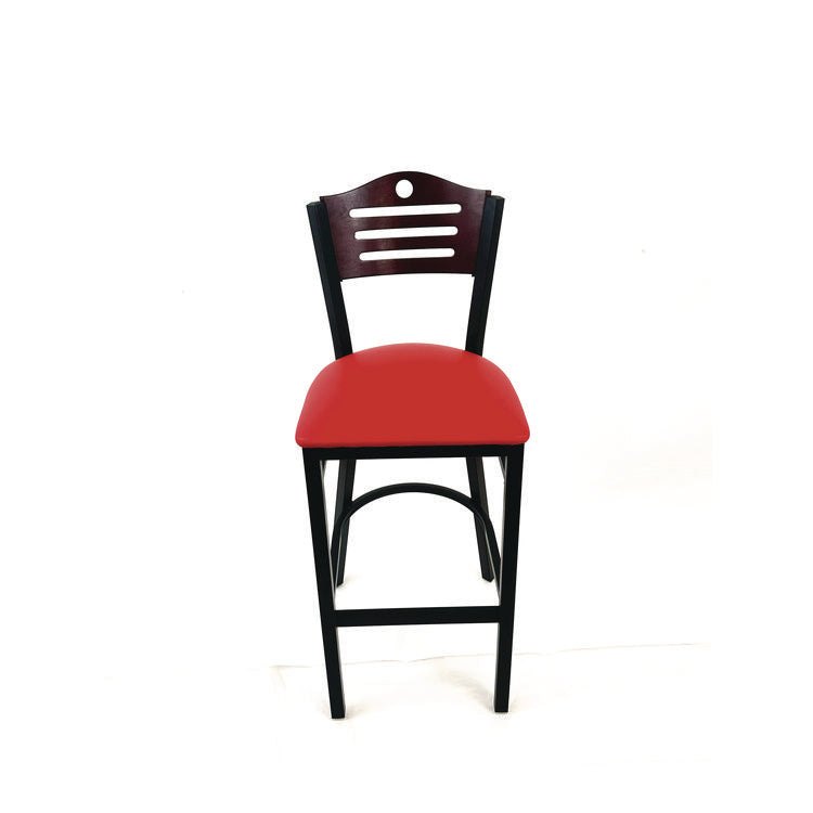 Eagle Series Barstool, Supports Up to 300 lb, 28.5" Seat Height, Red Seat, Dark Mahogany Back, Black Base