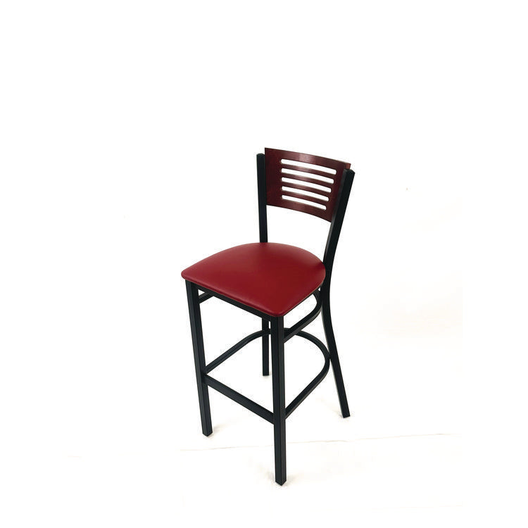 Jones River Series Barstool, Supports Up to 300 lb, 28.5" Seat Height, Burgundy Seat, Dark Mahogany Back, Black Base