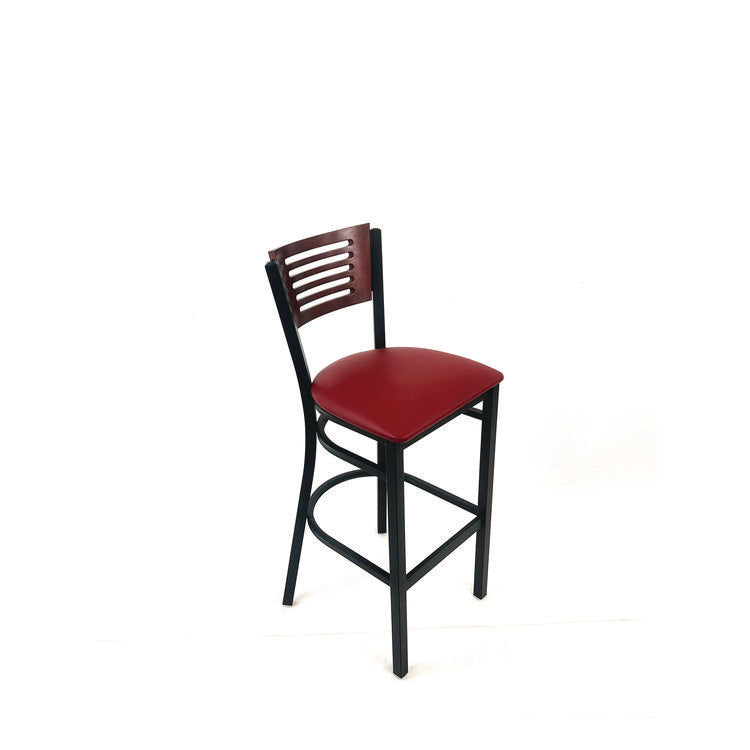 Jones River Series Barstool, Supports Up to 300 lb, 28.5" Seat Height, Burgundy Seat, Dark Mahogany Back, Black Base