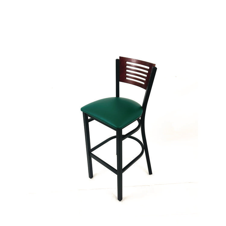 Jones River Series Barstool, Supports Up to 300 lb, 28.5" Seat Height, Green Seat, Dark Mahogany Back, Black Base
