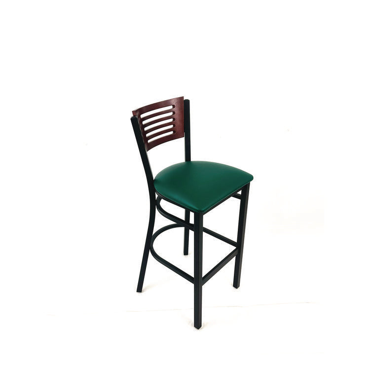 Jones River Series Barstool, Supports Up to 300 lb, 28.5" Seat Height, Green Seat, Dark Mahogany Back, Black Base
