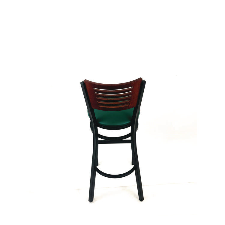 Jones River Series Barstool, Supports Up to 300 lb, 28.5" Seat Height, Green Seat, Dark Mahogany Back, Black Base