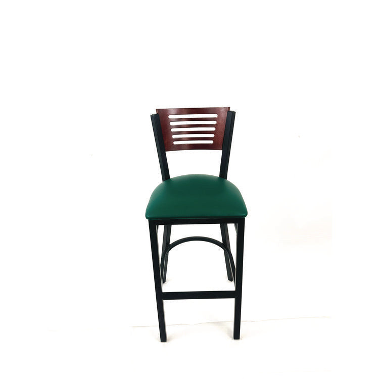 Jones River Series Barstool, Supports Up to 300 lb, 28.5" Seat Height, Green Seat, Dark Mahogany Back, Black Base