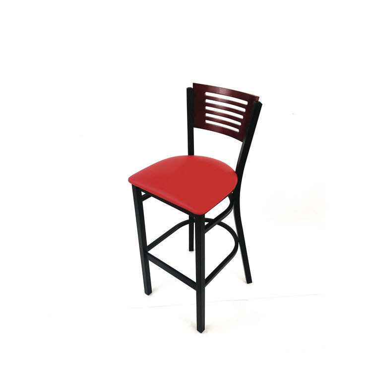 Jones River Series Barstool, Supports Up to 300 lb, 28.5" Seat Height, Red Seat, Dark Mahogany Back, Black Base