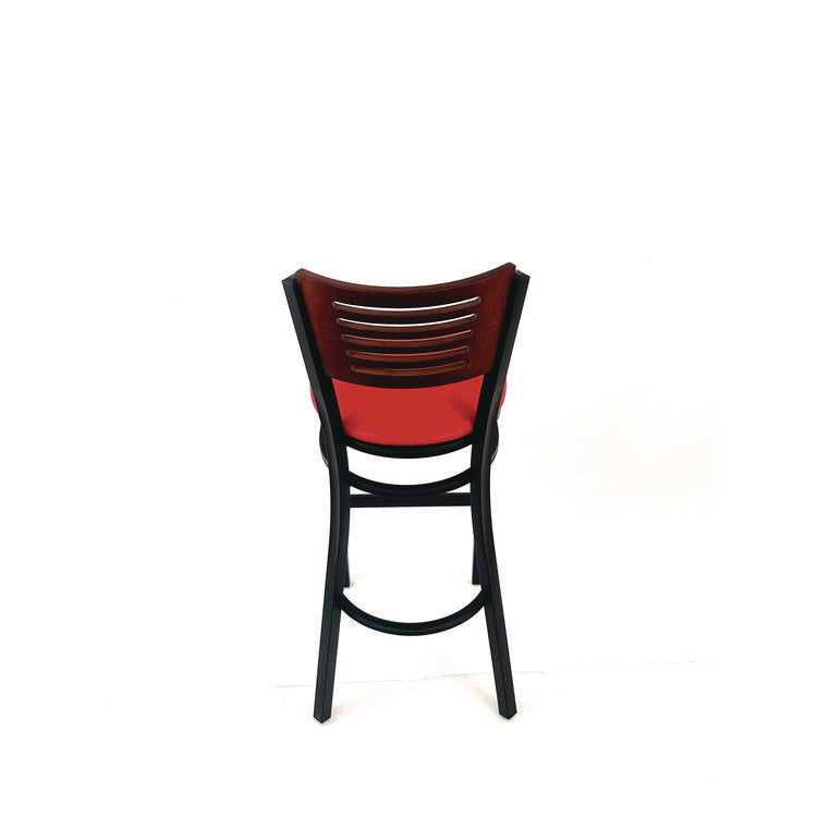 Jones River Series Barstool, Supports Up to 300 lb, 28.5" Seat Height, Red Seat, Dark Mahogany Back, Black Base