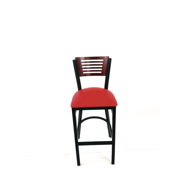 Jones River Series Barstool, Supports Up to 300 lb, 28.5" Seat Height, Red Seat, Dark Mahogany Back, Black Base