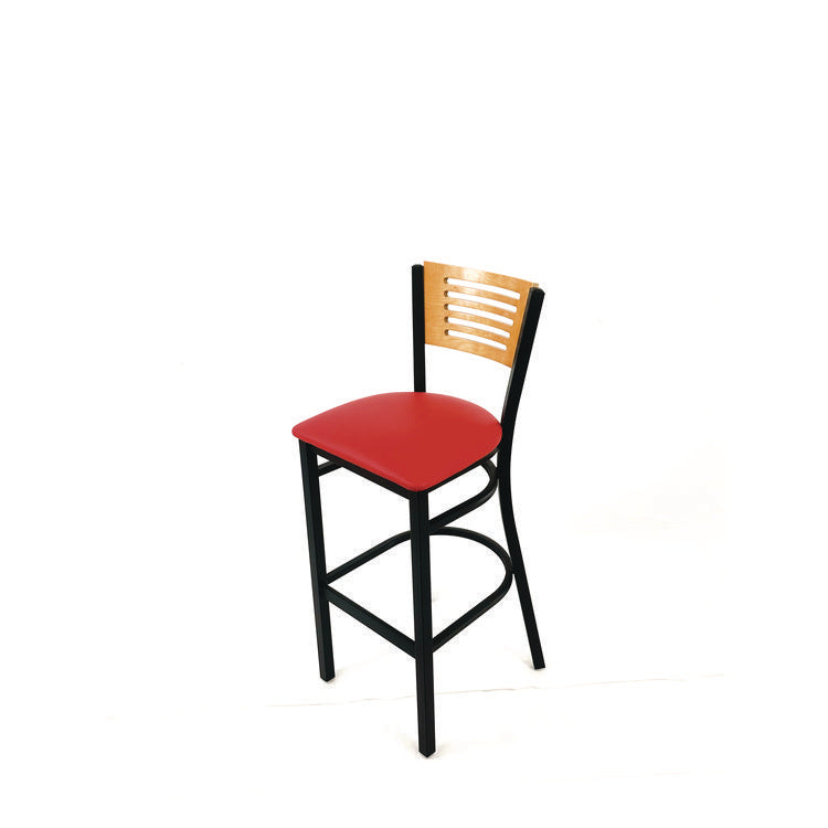 Jones River Series Barstool, Supports Up to 300 lb, 28.5" Seat Height, Red Seat, Natural Back, Black Base