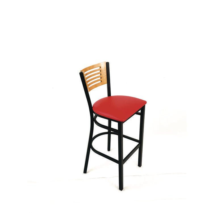 Jones River Series Barstool, Supports Up to 300 lb, 28.5" Seat Height, Red Seat, Natural Back, Black Base