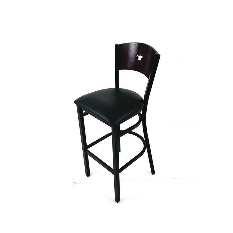 Liberty Series Barstool, Supports Up to 300 lb, 28.5" Seat Height, Black Seat, Dark Mahogany Back, Black Base