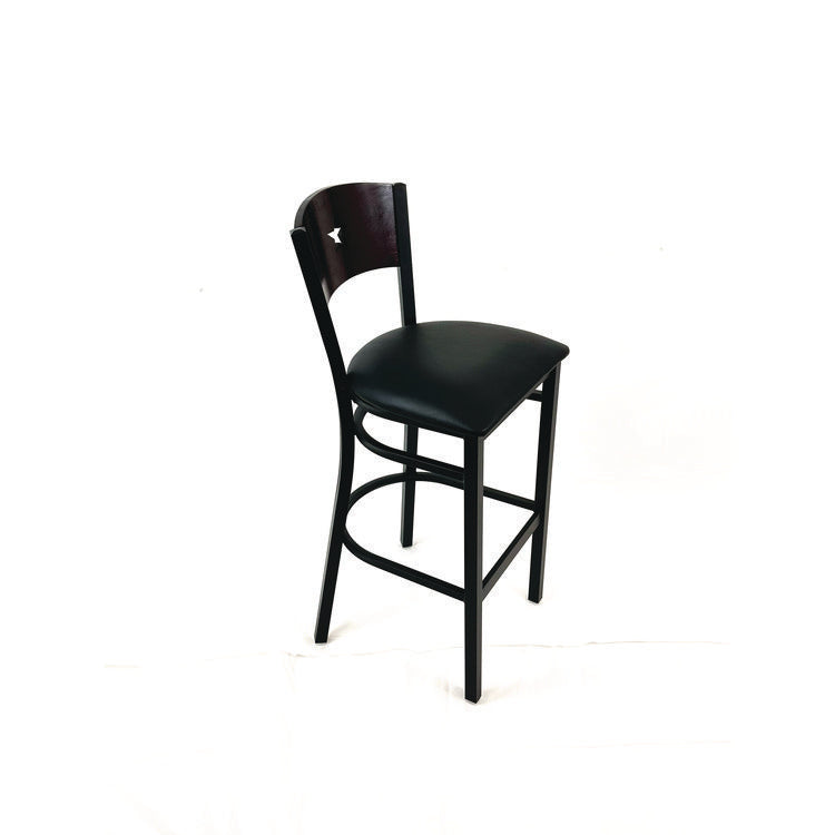 Liberty Series Barstool, Supports Up to 300 lb, 28.5" Seat Height, Black Seat, Dark Mahogany Back, Black Base