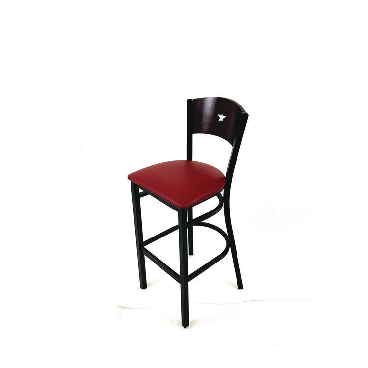Liberty Series Barstool, Supports Up to 300 lb, 28.5" Seat Height, Burgundy Seat, Dark Mahogany Back, Black Base