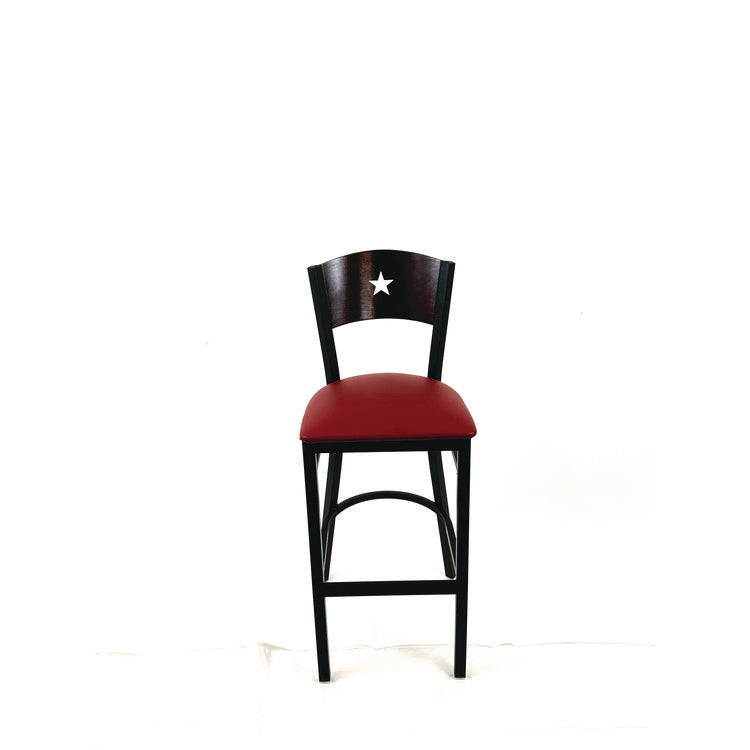Liberty Series Barstool, Supports Up to 300 lb, 28.5" Seat Height, Burgundy Seat, Dark Mahogany Back, Black Base