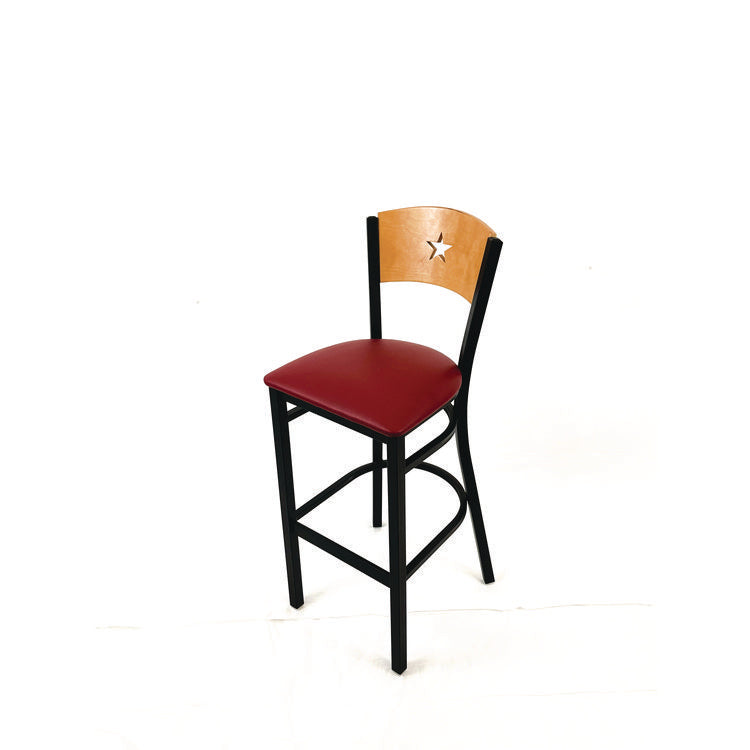 Liberty Series Barstool, Supports Up to 300 lb, 28.5" Seat Height, Burgundy Seat, Natural Back, Black Base