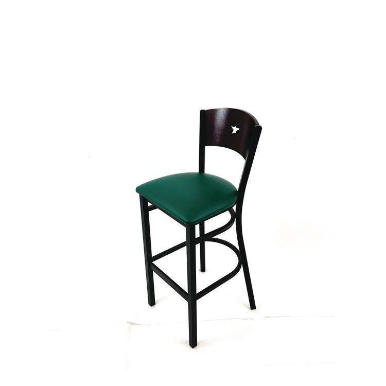 Liberty Series Barstool, Supports Up to 300 lb, 28.5" Seat Height, Green Seat, Dark Mahogany Back, Black Base