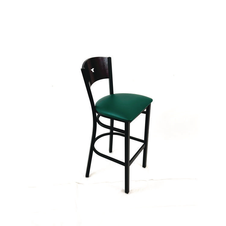 Liberty Series Barstool, Supports Up to 300 lb, 28.5" Seat Height, Green Seat, Dark Mahogany Back, Black Base