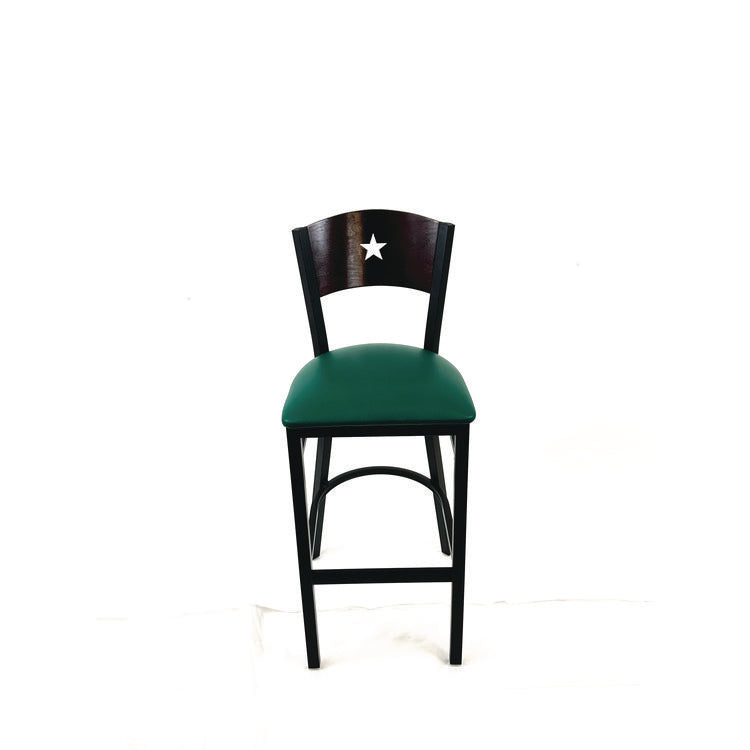 Liberty Series Barstool, Supports Up to 300 lb, 28.5" Seat Height, Green Seat, Dark Mahogany Back, Black Base