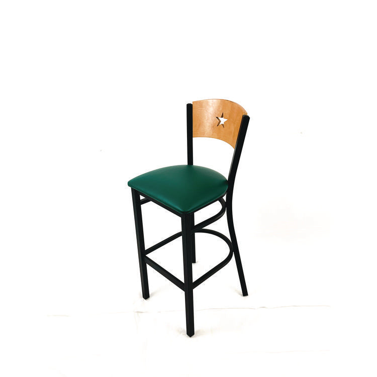 Liberty Series Barstool, Supports Up to 300 lb, 28.5" Seat Height, Green Seat, Natural Back, Black Base