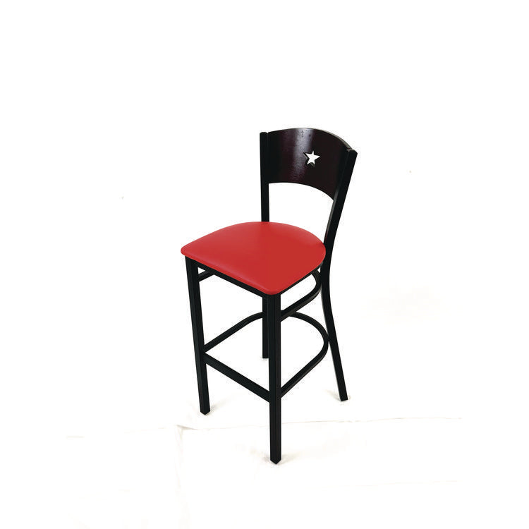 Liberty Series Barstool, Supports Up to 300 lb, 28.5" Seat Height, Red Seat, Dark Mahogany Back, Black Base