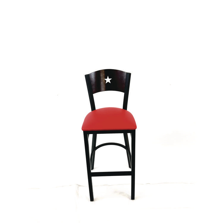 Liberty Series Barstool, Supports Up to 300 lb, 28.5" Seat Height, Red Seat, Dark Mahogany Back, Black Base