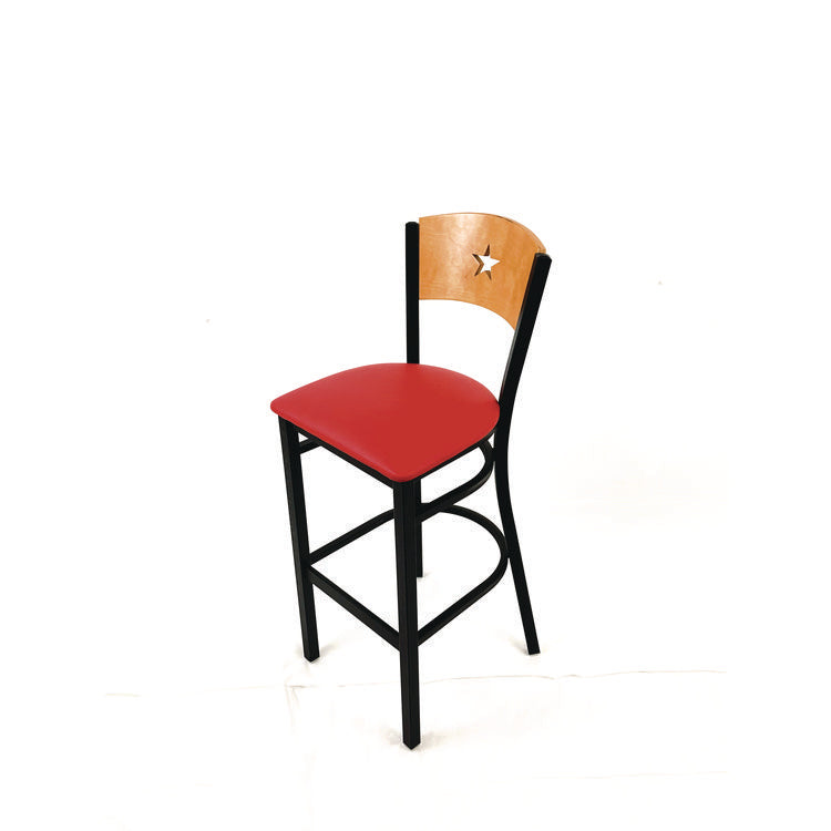 Liberty Series Barstool, Supports Up to 300 lb, 28.5" Seat Height, Red Seat, Natural Back, Black Base