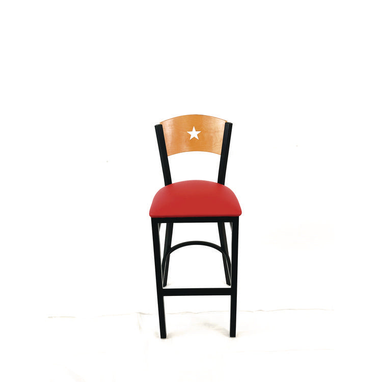 Liberty Series Barstool, Supports Up to 300 lb, 28.5" Seat Height, Red Seat, Natural Back, Black Base