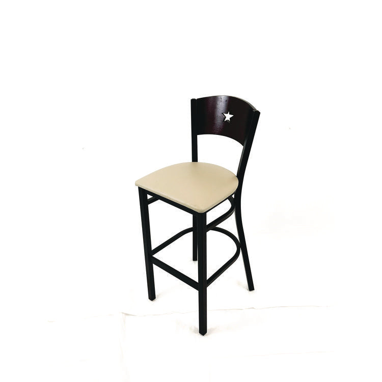 Liberty Series Barstool, Supports Up to 300 lb, 28.5" Seat Height, Taupe Seat, Dark Mahogany Back, Black Base
