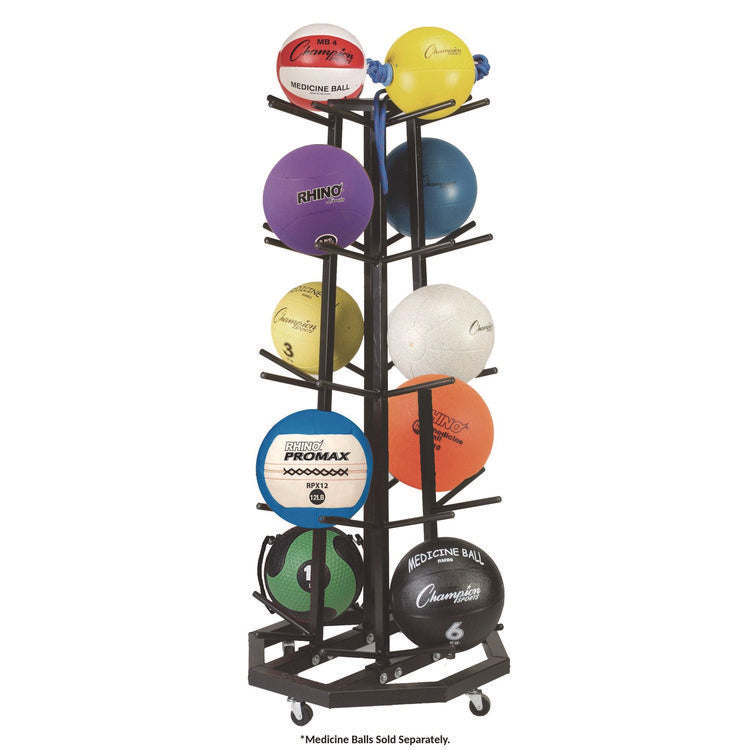 Deluxe Five-Row Mobile Medicine Ball Rack, Metal, 198 lb Capacity, 25" x 25" x 56", Black