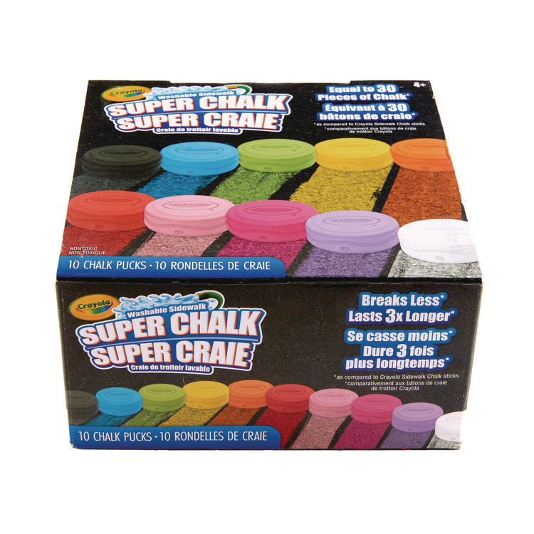 Super Chalk, 1" x 2.8" Diameter, 10 Assorted Colors, 10 Pucks/Box