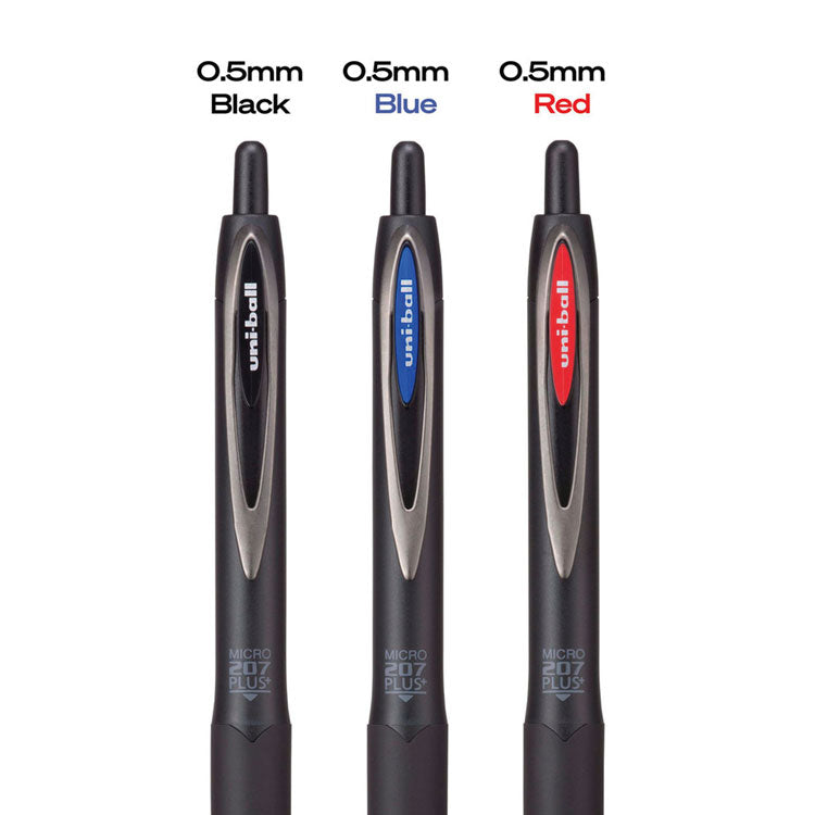 207 Plus+ Gel Pen, Retractable, Micro 0.5 mm, Black Ink, Black Barrel, Dozen