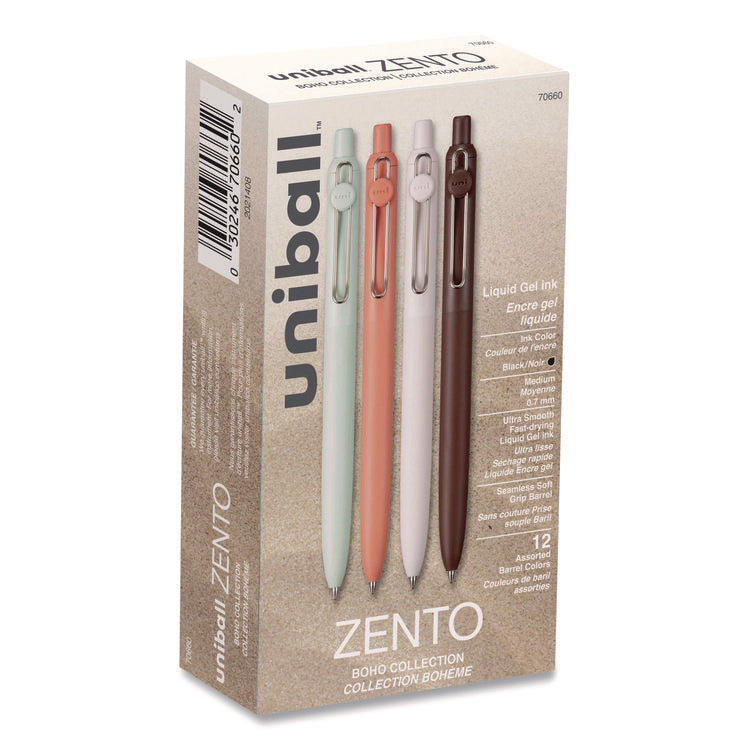 Zento Gel Pen, Retractable, Medium 0.7 mm, Black Ink, Assorted Barrel Colors, Dozen