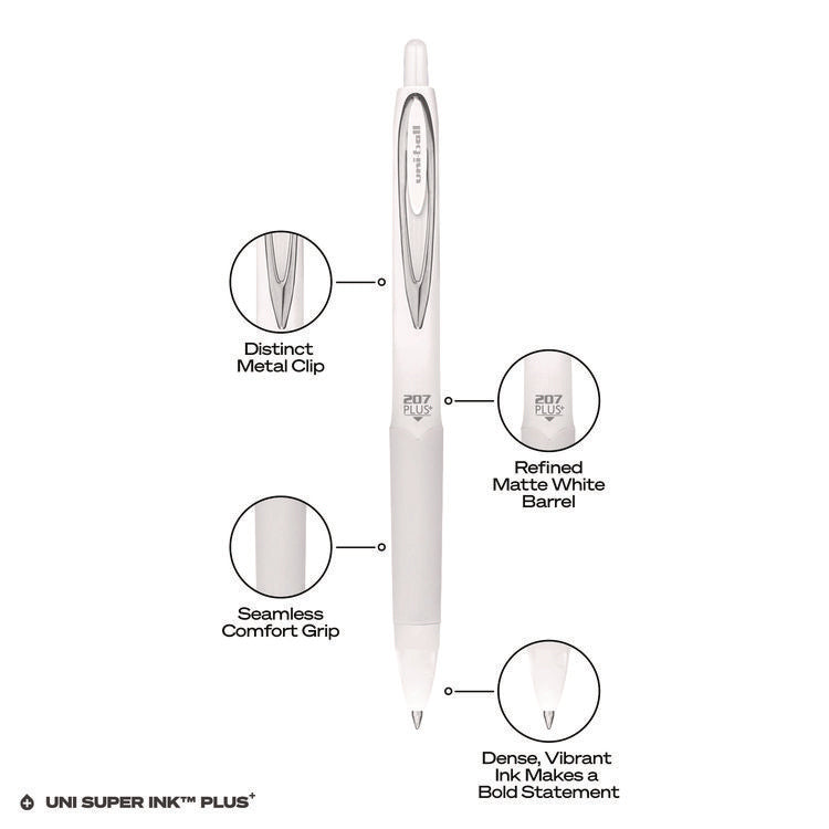 207 Plus+ Gel Pen, Retractable, Medium 0.7 mm, Black Ink, White Barrel, Dozen