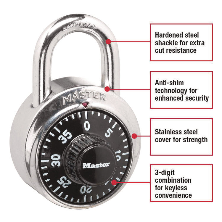 Combination Lock, Stainless Steel, 1.87" Wide, Silver/Black, 2/Pack