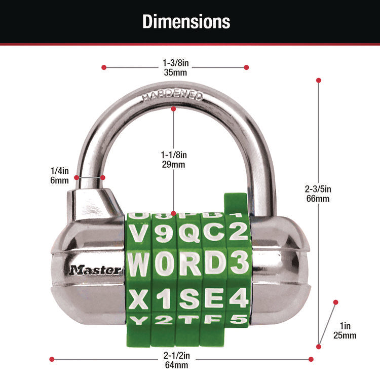 Password Plus Combination Lock, Hardened Steel Shackle, 2.5" Wide, Chrome/Assorted