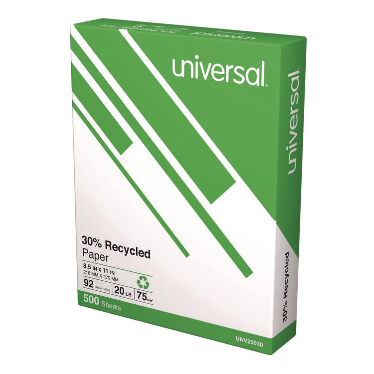 30% Recycled Copy Paper, 92 Bright, 20 lb Bond Weight, 8.5 x 11, White, 500 Sheets/Ream, 5 Reams/Carton