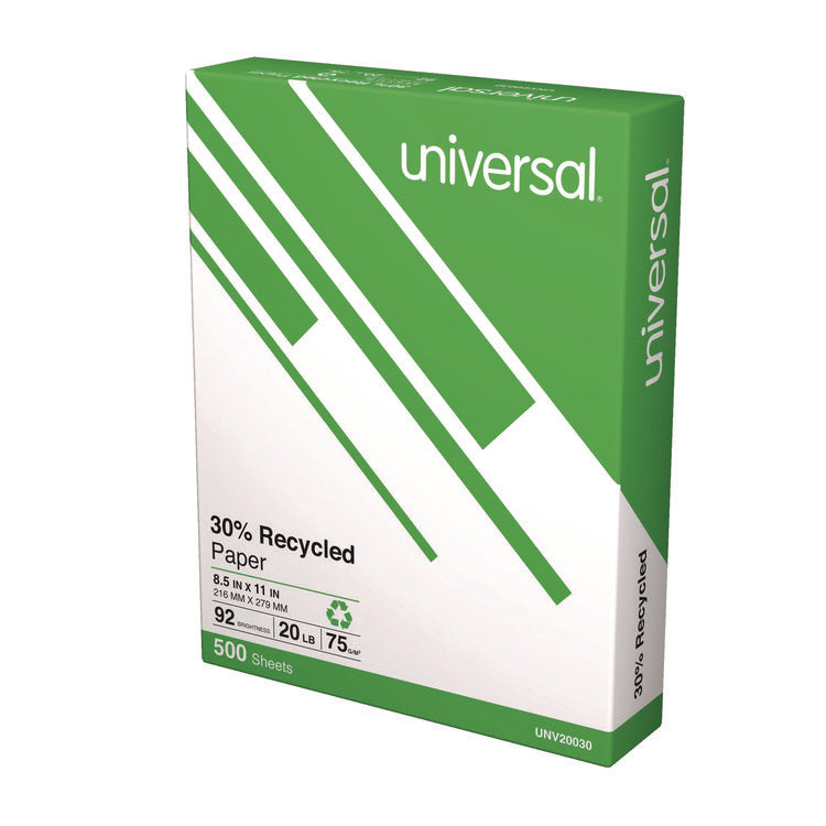 30% Recycled Copy Paper, 92 Bright, 20 lb Bond Weight, 8.5 x 11, White, 500 Sheets/Ream, 10 Reams/Carton