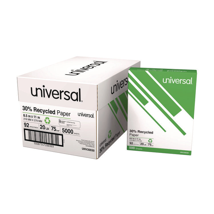 30% Recycled Copy Paper, 92 Bright, 20 lb Bond Weight, 8.5 x 11, White, 500 Sheets/Ream, 10 Reams/Carton, 40 Cartons/Pallet
