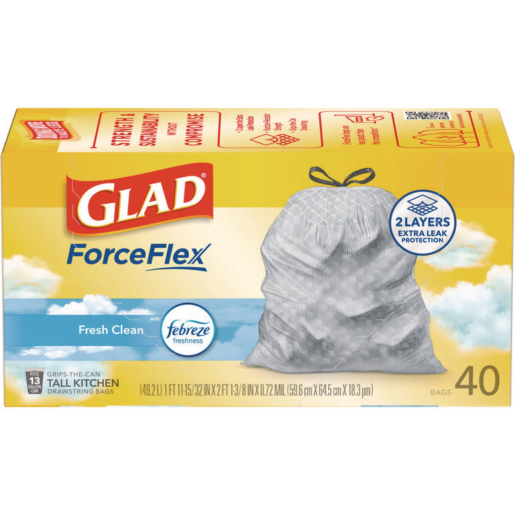 ForceFlex Kitchen Drawstring Trash Bags, 13 gal, Gain Fresh Clean Scent, 24 x 27.38, White, 40 Bags/Box, 6 Boxes/Carton