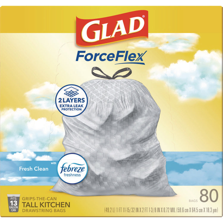 ForceFlex Kitchen Drawstring Trash Bags, 13 gal, Fresh Clean Scent, 24" x 27.38", White, 80 Bags/Box, 3 Boxes/Carton