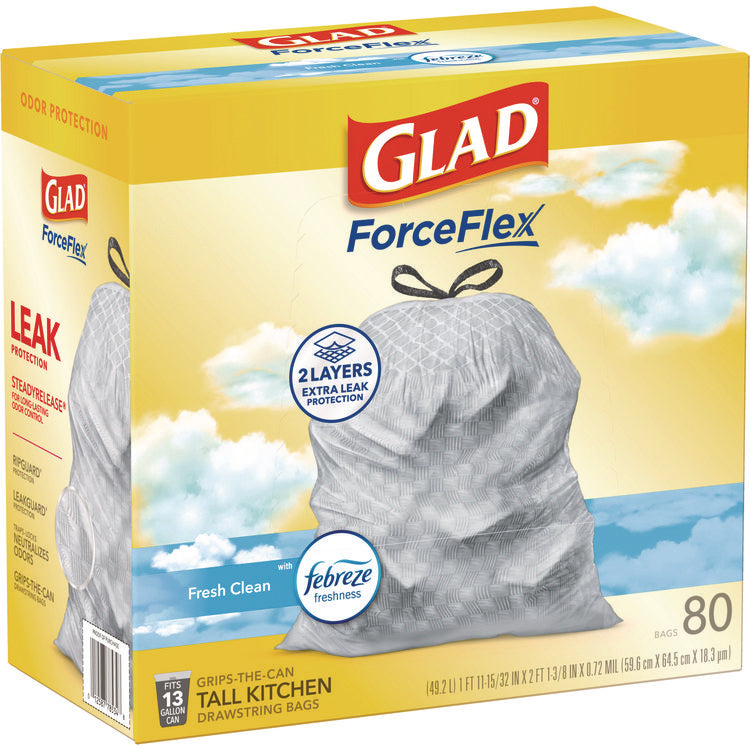 ForceFlex Kitchen Drawstring Trash Bags, 13 gal, Fresh Clean Scent, 24" x 27.38", White, 80 Bags/Box, 3 Boxes/Carton