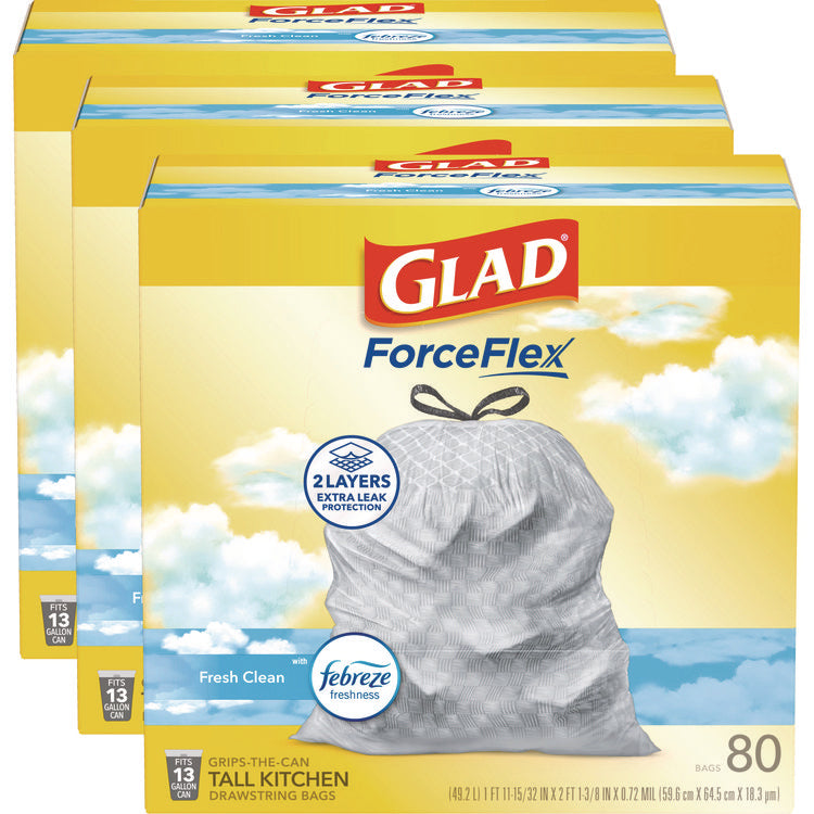 ForceFlex Kitchen Drawstring Trash Bags, 13 gal, Fresh Clean Scent, 24" x 27.38", White, 80 Bags/Box, 3 Boxes/Carton