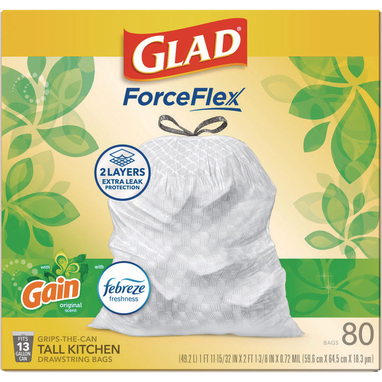 ForceFlex Kitchen Drawstring Trash Bags, 13 gal, Gain Original Scent, 24" x 27.38", White, 80 Bags/Box, 3 Boxes/Carton