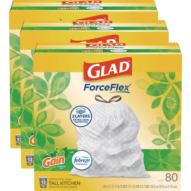 ForceFlex Kitchen Drawstring Trash Bags, 13 gal, Gain Original Scent, 24" x 27.38", White, 80 Bags/Box, 3 Boxes/Carton