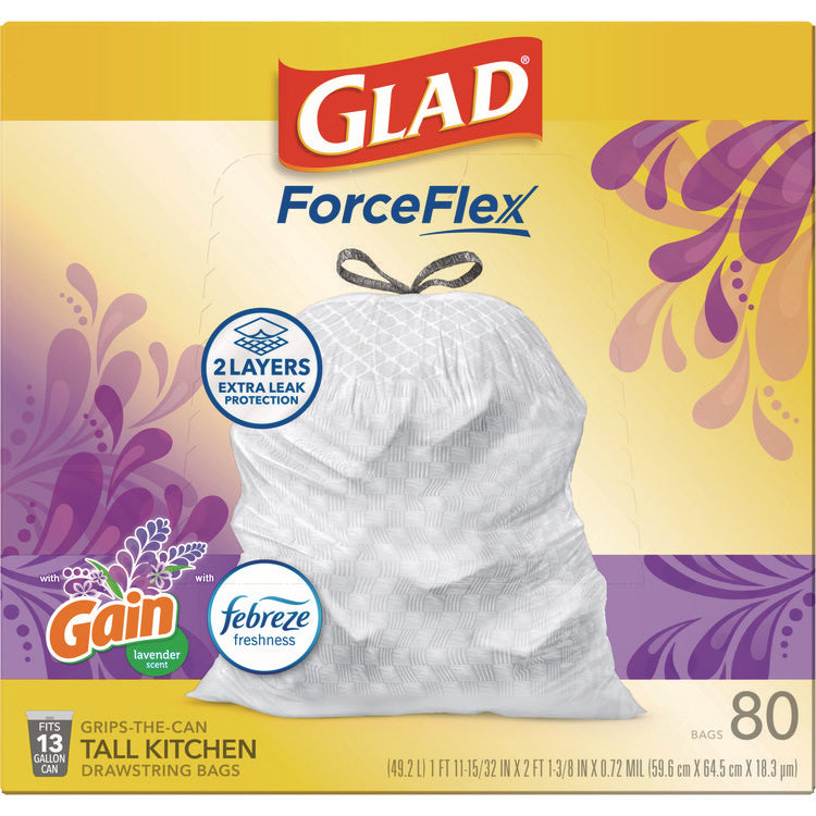 ForceFlex Kitchen Drawstring Trash Bags, 13 gal, Gain Lavender with Febreze Freshness, 24 x 27.38, White, 80/Box