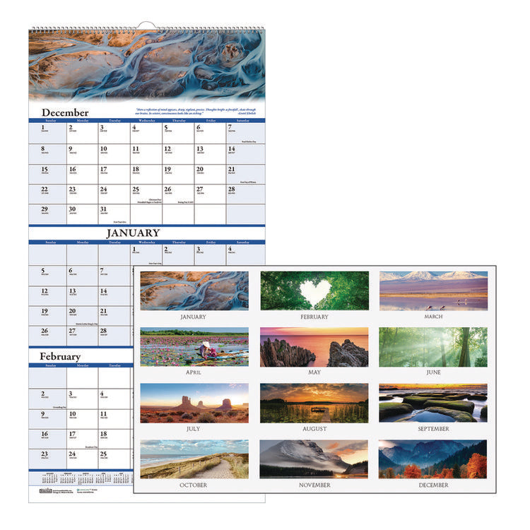 Earthscapes Recycled 3-Month Vertical Wall Calendar, Scenic Landscape Photography, 12.25 x 26, 14-Month: Dec 2024 to Jan 2026