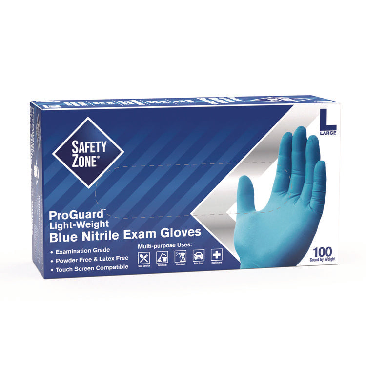 ProGuard Nitrile Gloves, Powder-Free, Large, 3 mil (Palm), 3.5 mil (Fingers), Blue, 100/Box, 10 Boxes/Carton