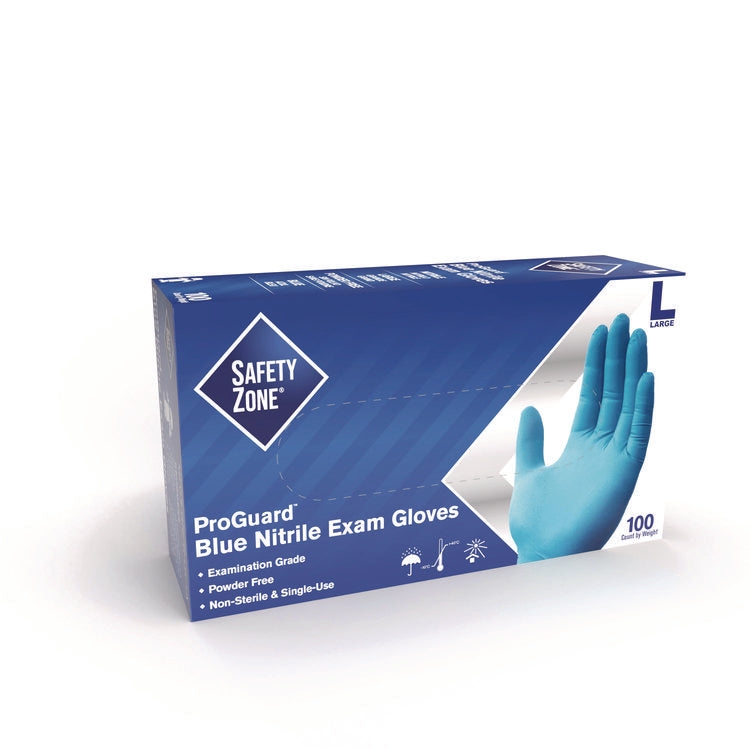ProGuard Nitrile Gloves, Powder-Free, Large, 3 mil (Palm), 3.5 mil (Fingers), Blue, 100/Box, 10 Boxes/Carton