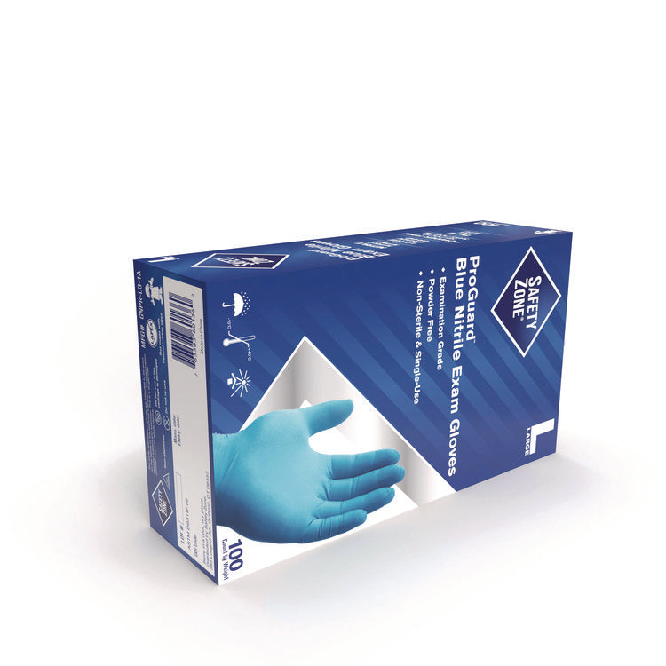 ProGuard Nitrile Gloves, Powder-Free, Large, 3 mil (Palm), 3.5 mil (Fingers), Blue, 100/Box, 10 Boxes/Carton