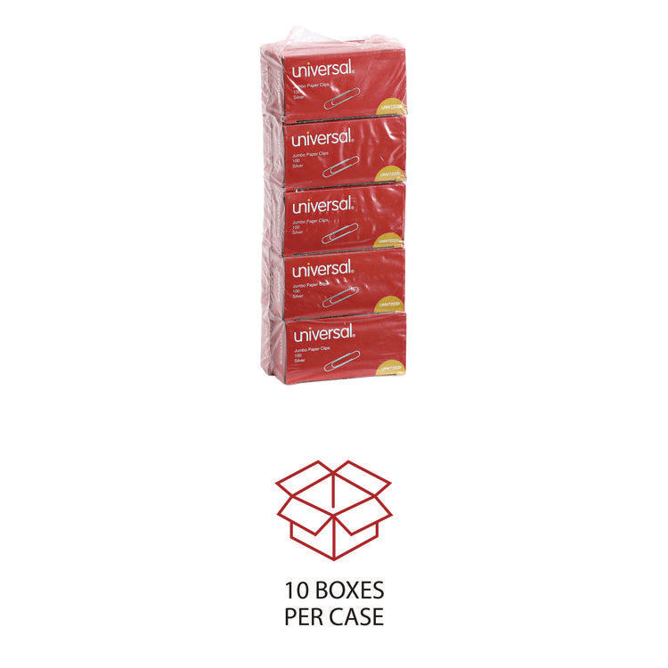 Paper Clips, Jumbo, Smooth, Silver, 100 Clips/Box, 10 Boxes/Pack