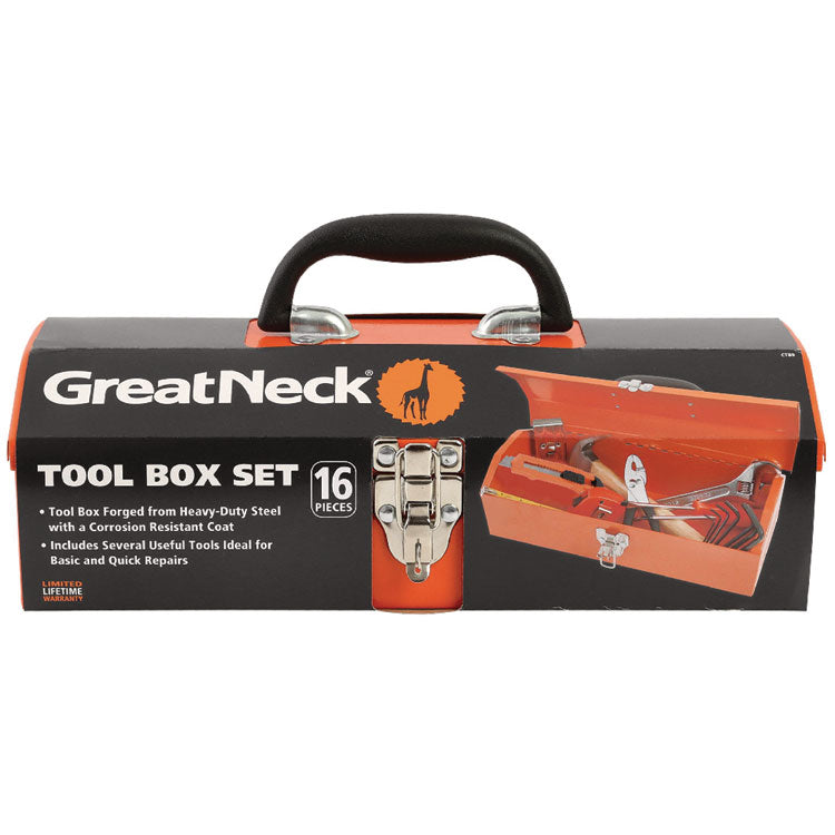 16-Piece Light-Duty Office Tool Kit, Metal Box, Red