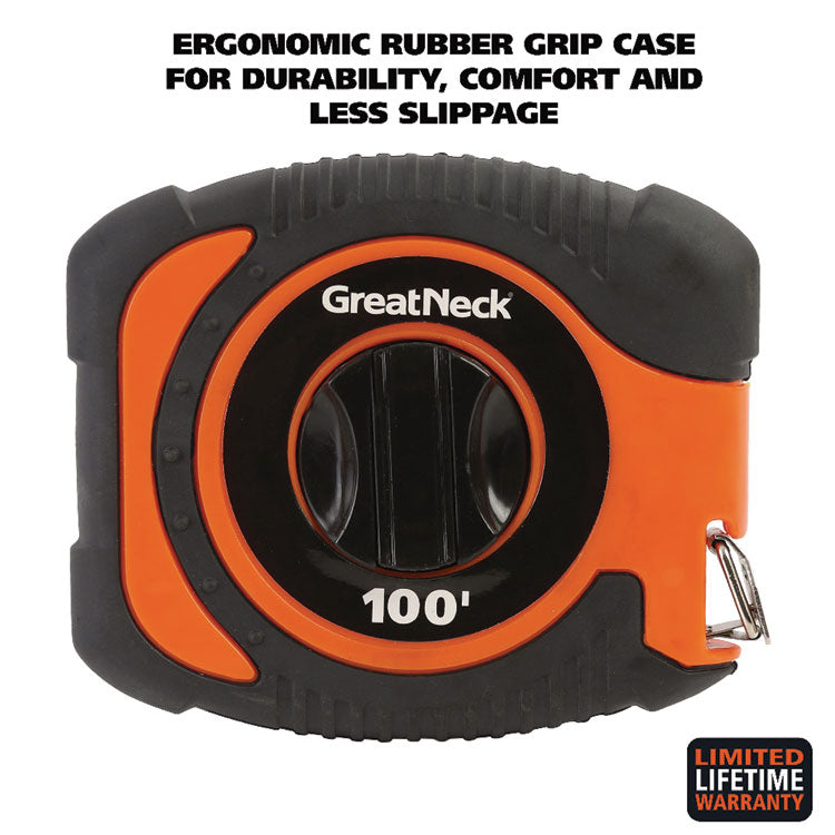English Rule Measuring Tape, 0.38" x 100 ft, Steel, Yellow